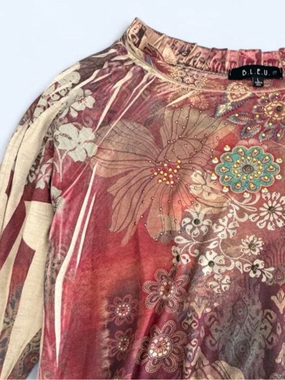 Women’s Long Sleeve Shirt Size L Large Floral Print Colorful Boho Artsy Ruffle